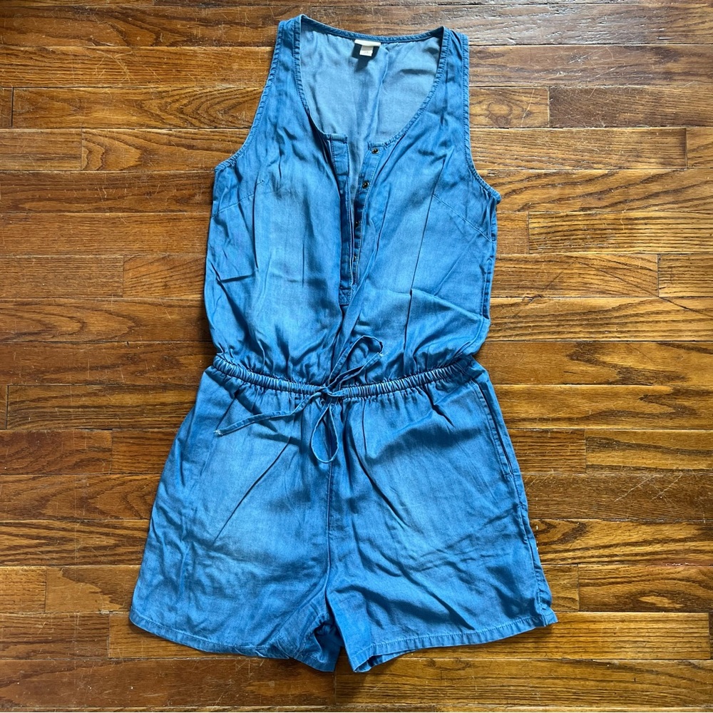 Denim romper shorts.